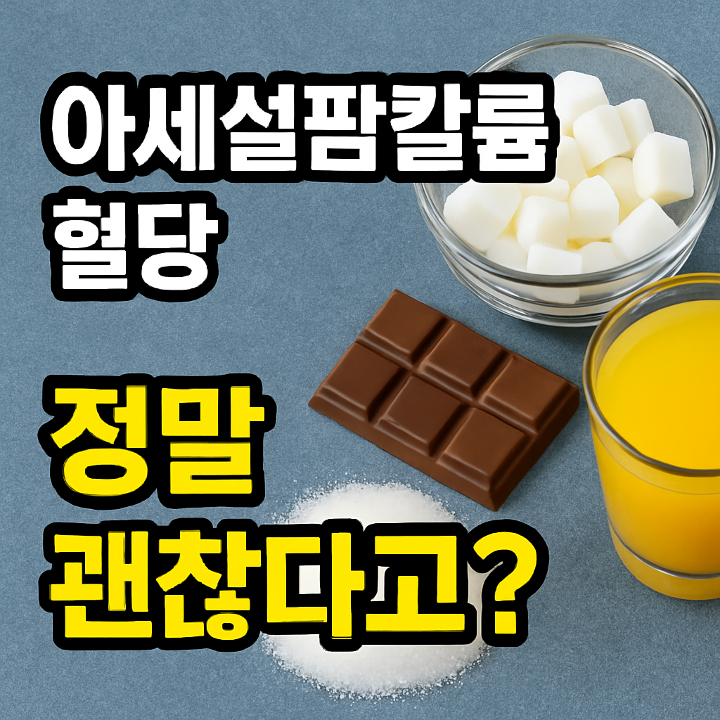 아세설팜칼륨 섭취 시 췌장을 자극해 인슐린을 분비시키고 장내 미생물 불균형을 초래하는 혈당 부작용 기전 요약 인포그래픽.