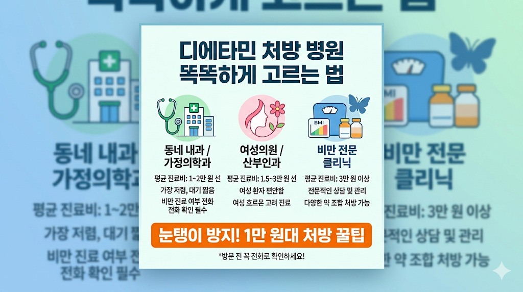 디에타민(나비약) 처방 시 발생하는 병원 종류별(내과, 가정의학과, 비만클리닉) 진료비 차이와 약국 약값을 비교 설명하는 이미지입니다.