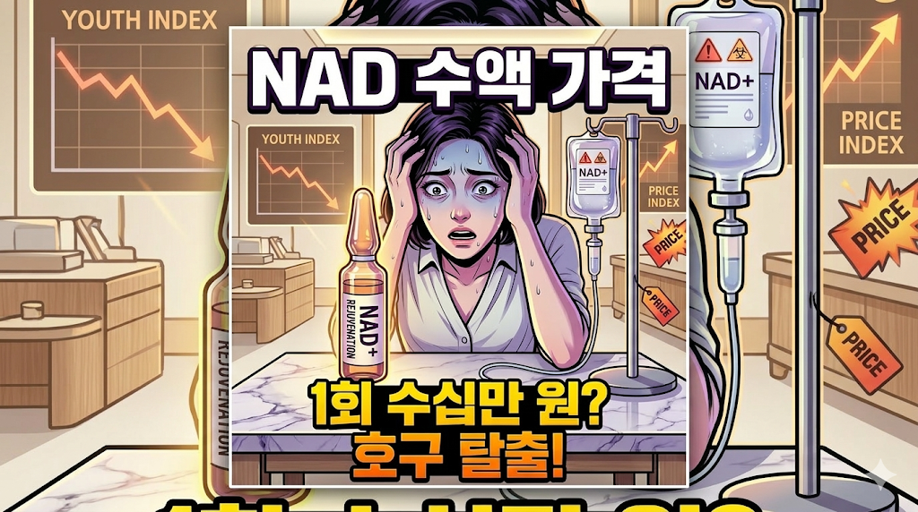 비싼 강남 NAD 수액 가격 호구 경고 강남 피부과에서 비싼 NAD 수액 가격을 듣고 충격에 빠져 식은땀을 흘리는 여성과 폭등하는 가격 차트