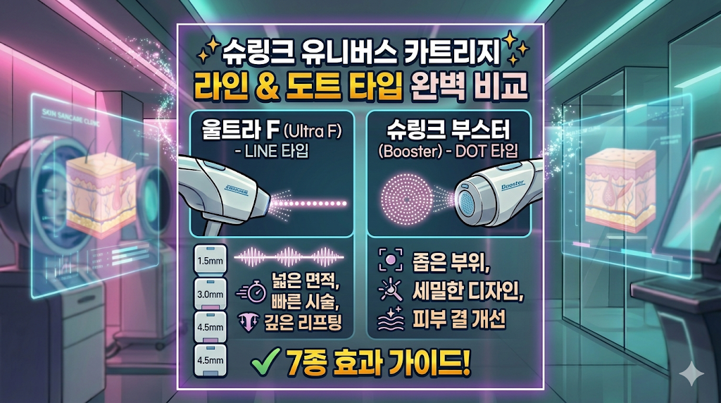 슈링크 유니버스 울트라 F 라인 타입과 부스터 도트 타입 카트리지의 차이점 및 종류별 리프팅 효과 비교 이미지