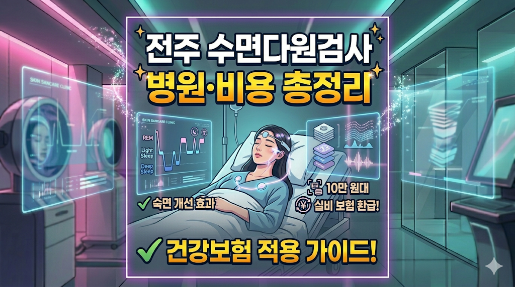 전주 수면다원검사 병원 및 비용 안내 이미지. 건강보험 10만 원대 본인부담금과 실비 보험 환급 조건 및 필수 서류 정보를 시각적으로 정리한 썸네일