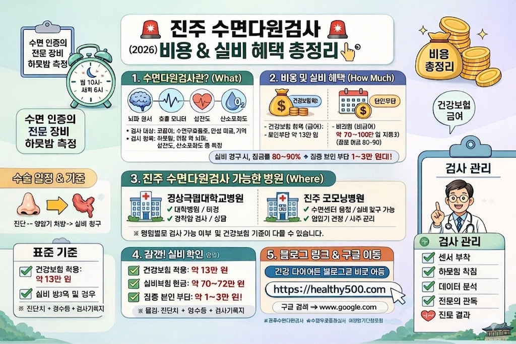 진주 수면다원검사 비용 건강보험 실비 환급 혜택 및 검사 병원 비교 요약 인포그래픽 이미지