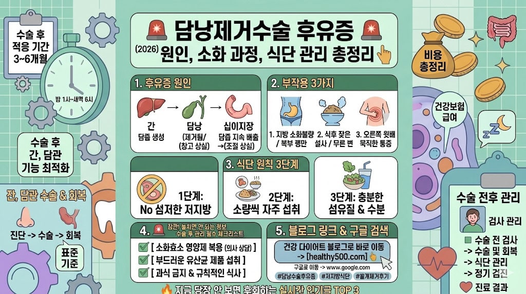 담낭제거수술 후유증 원인 담즙 흐름 변화 설사 소화불량 극복 저지방 식단 관리 요약 인포그래픽 이미지