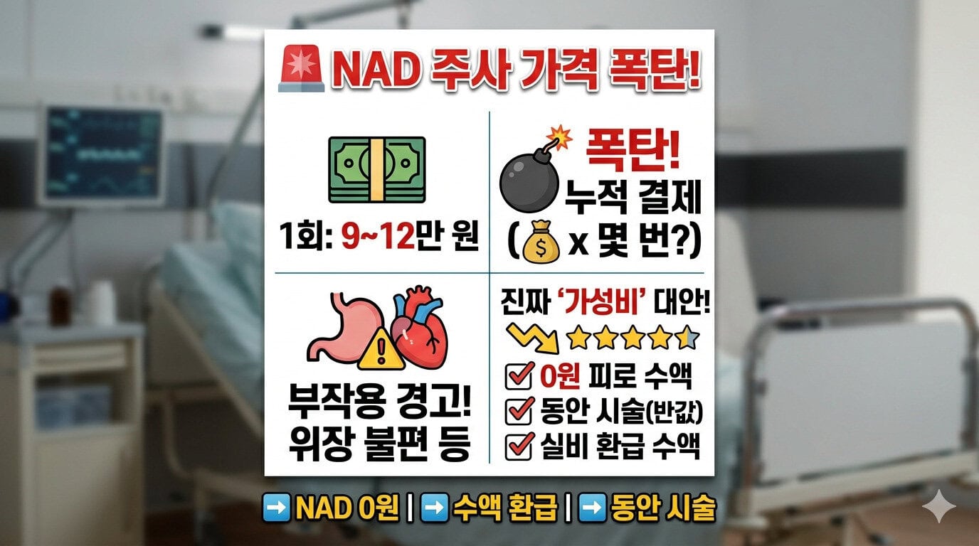 NAD 주사 1회 가격 및 누적 비용 폭탄 실체 폭로, 프리미엄 수액 효능 팩트체크 및 대체 수액 실비 환급 정보 인포그래픽