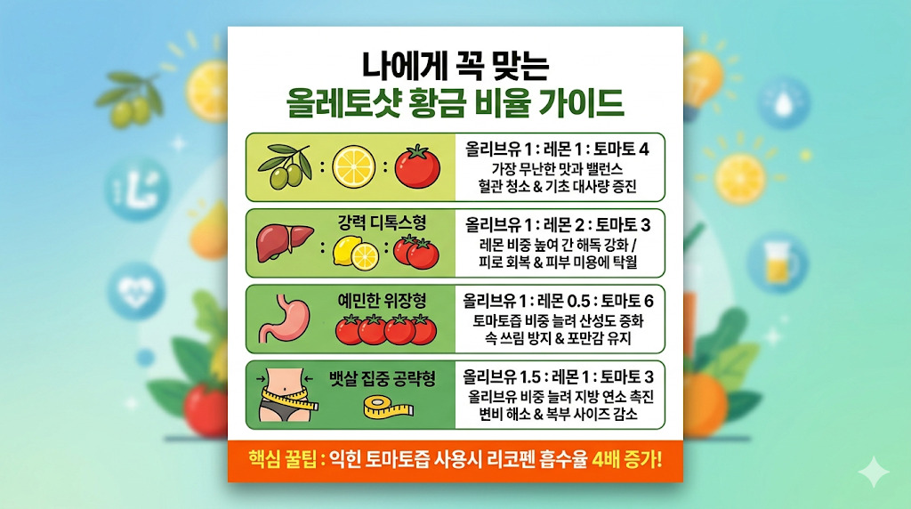 내 몸에 딱 맞는 올레토샷 황금 비율 & 제조 꿀팁 올레토샷 황금 비율 가이드 인포그래픽 - 표준형 강력디톡스형 예민한위장형 뱃살집중공략형 올리브유 레몬 토마토즙 배합표