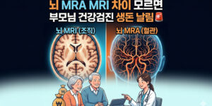 구글과 네이버 검색 최적화 16:9 와이드 인포그래픽 섬네일. 왼쪽은 뇌 조직을 보는 뇌 MRI(치매 진단), 오른쪽은 뇌 혈관을 보는 뇌 MRA(뇌졸중 진단)의 차이를 직관적으로 비교하여 부모님 건강검진 필수 정보를 전달하는 장면.