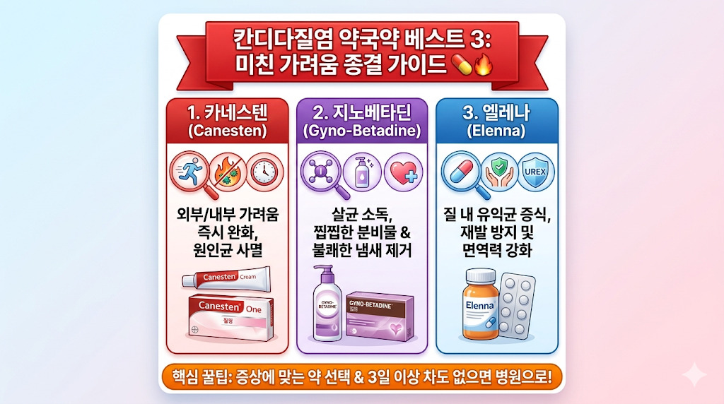 카네스텐, 지노베타딘, 엘레나 등 유명 칸디다질염 약국약 비교 가이드 인포그래픽