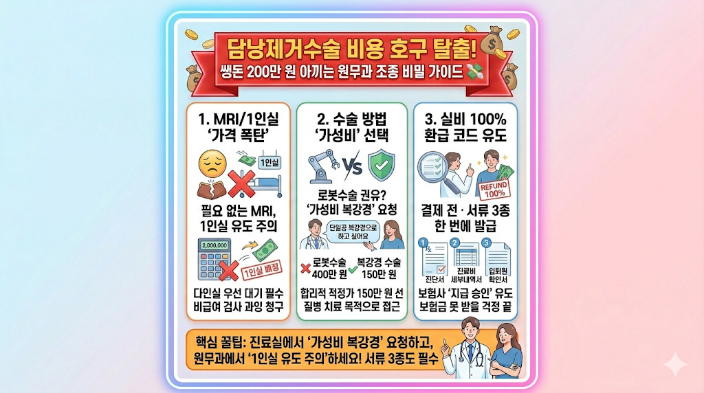 수술 전 필독! 담낭제거수술 비용의 진실 담낭제거수술 비용 복강경 로봇수술 가격 비교 및 실비 청구 가이드
