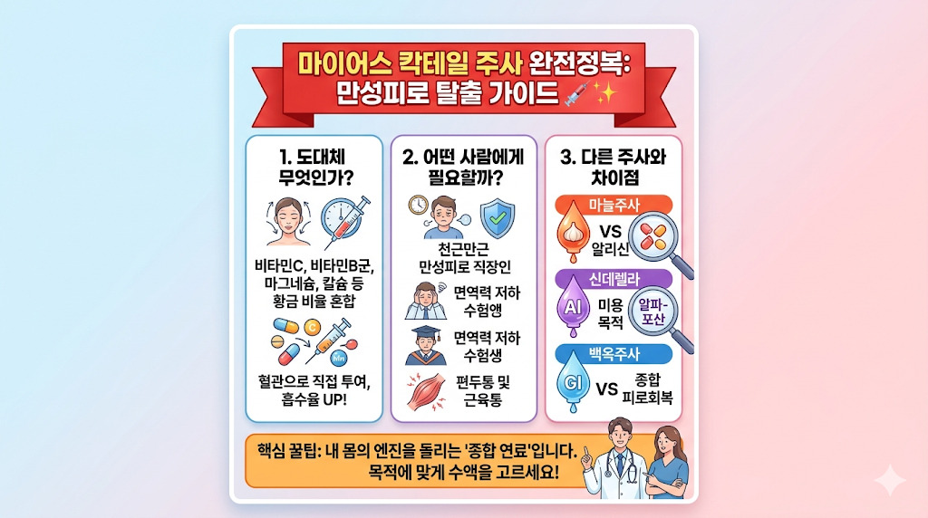 병원 가기 전 필독! 마이어스 칵테일 주사 완벽 정리 마이어스 칵테일 주사 효과 및 피로회복 수액 차이점 비교 가이드