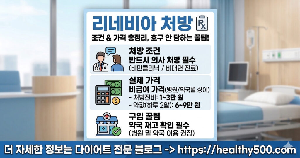 리네비아 처방 가격 및 한 달 약값 비용 비교, 다이어트약 비대면 진료 처방비 0원 성지 및 비급여 약국 구입 꿀팁 인포그래픽