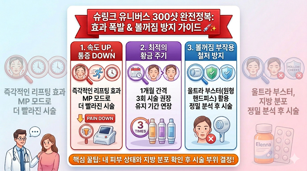 슈링크 유니버스 300샷 효과 및 주기 볼꺼짐 부작용 방지 가이드 인포그래픽