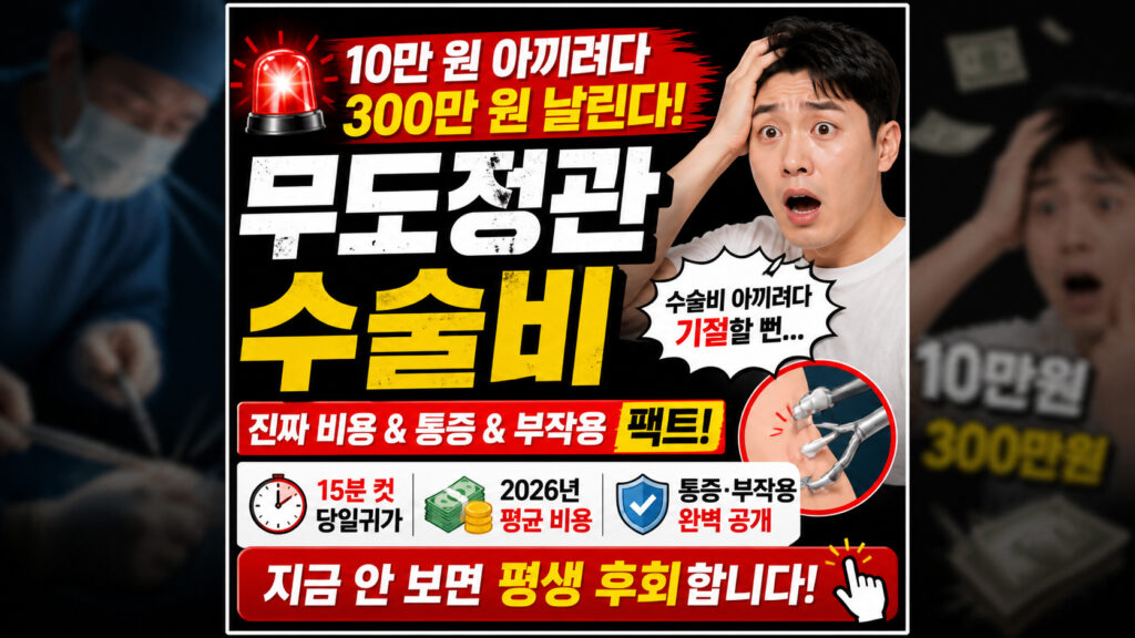 🚨 무도정관수술비 결제 전 필수 확인! 15분 만에 끝나는 통증 없는 수술 비법 무도정관수술비 10만 원 아끼려다 후회하는 남성을 위해 통증 부작용 팩트와 최신 평균 수술 비용을 정리한 썸네일 이미지. 15분 당일 귀가 및 비급여 실비 환급 여부 등 돈 되는 정보를 강조함.