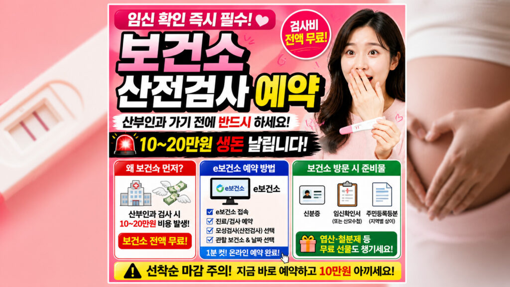 보건소-산전검사-예약-산부인과-비용-방어-e보건소-무료-혜택 임신 확인 후 산부인과에 먼저 방문하여 10~20만 원의 비급여 산전검사 비용 폭탄 생돈을 날리는 것을 방지하기 위한 경고 이미지. e보건소 전액 무료 예약 방법과 필수 준비물, 임신 초기 의료비 절약 혜택을 팩트 폭격하는 썸네일.