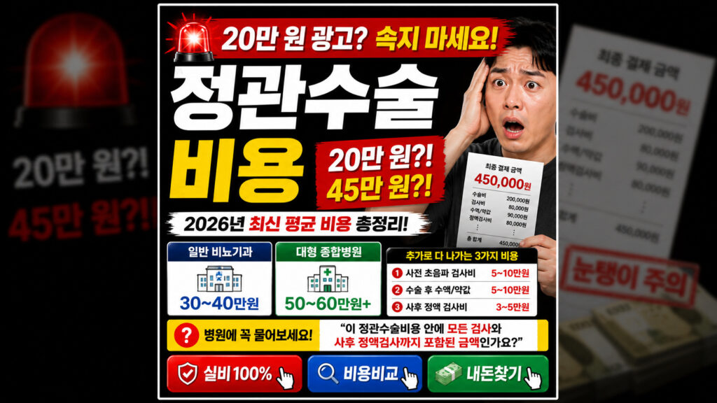 정관수술비용 광고에 속지 않기 위해 비뇨기과 의원과 대형 종합병원의 평균 가격 차이 및 초음파, 수액, 정액검사 등 숨겨진 추가 비용 항목을 상세히 분석한 비교 가이드 이미지. 병원비 방어 및 실비 보험 청구 최적화를 위한 정보를 포함함.