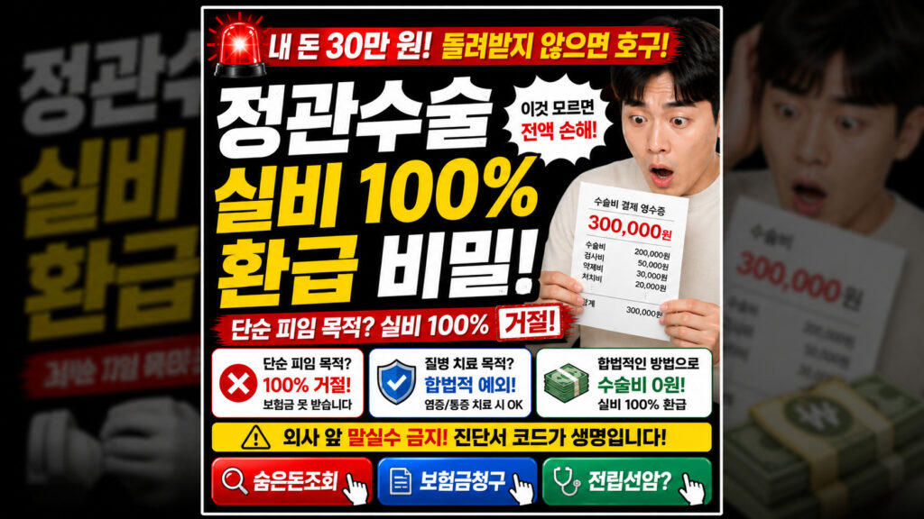 💸 내 돈 30만 원 전액 환급! 보험사가 절대 안 알려주는 정관수술 실비 청구 비밀 정관수술 실비 청구 시 단순 피임 목적은 100% 거절된다는 경고와 함께, 질병 치료 목적으로 인정받아 수술비 30만 원을 전액 환급받는 합법적 예외 조건과 의사 앞 필수 멘트를 설명하는 썸네일 이미지. 하단에 숨은 보험금 찾기 및 보험금 청구 고단가 링크 버튼이 포함됨.