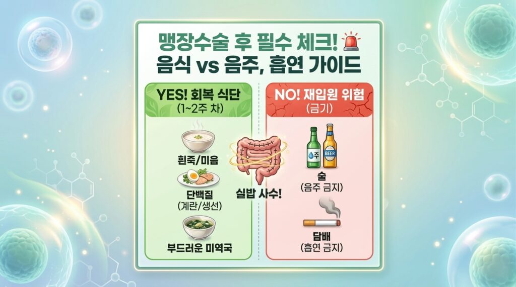 맹장수술 후 음식 회복 1주 차 2주 차 식단 및 장폐색 복막염 재입원 위험을 높이는 음주 흡연 절대 금지 가이드 인포그래픽