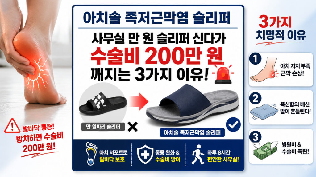 아치솔 족저근막염 슬리퍼 착용 유무에 따른 수술비 200만 원 차이와 사무실 만원 슬리퍼의 3가지 치명적 단점을 비교한 인포그래픽⁠