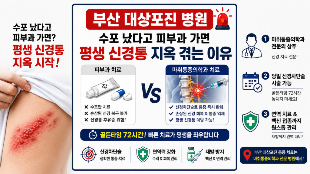 대상포진 수포 발생 시 피부과와 마취통증의학과의 치료법을 대조하고, 골든타임 72시간 내 신경차단술이 가능한 부산 대상포진 병원 선택의 중요성을 강조하는 인포그래픽⁠