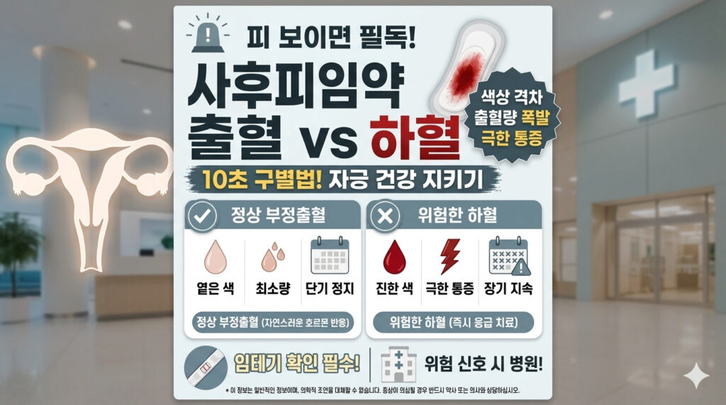 사후피임약 부정출혈과 위험한 하혈 생리 착상혈 차이 10초 구별법 및 자궁 건강 지키기 응급실 방문 기준 안내 인포그래픽