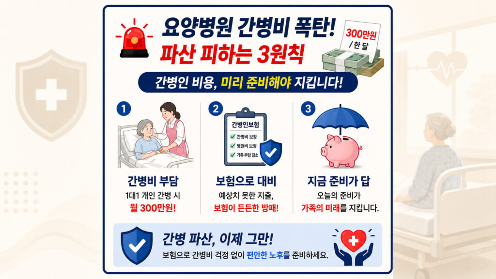 한 달 300만 원에 육박하는 비급여 요양병원 간병비 부담의 현실을 확인하고 비갱신형 간병인보험 특약 세팅을 통해 간병 파산을 예방하는 요양병원 간병인 비용 해결 3원칙 인포그래픽 썸네일⁠