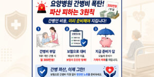 한 달 300만 원에 육박하는 비급여 요양병원 간병비 부담의 현실을 확인하고 비갱신형 간병인보험 특약 세팅을 통해 간병 파산을 예방하는 요양병원 간병인 비용 해결 3원칙 인포그래픽 썸네일⁠