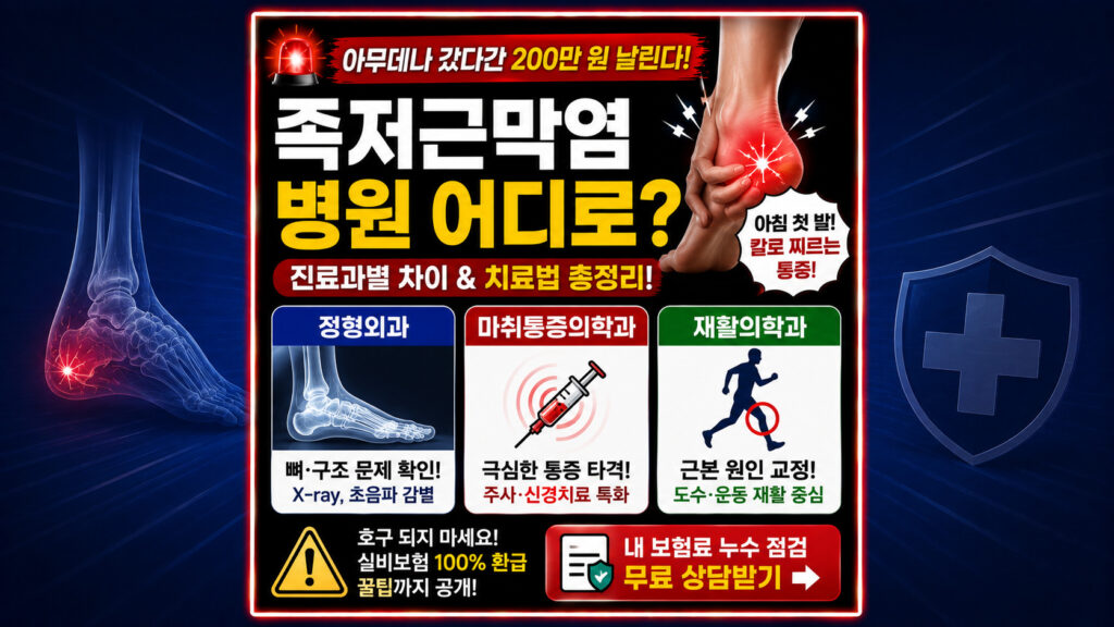 족저근막염 병원 어디로 가야할지 정형외과 마취통증의학과 재활의학과 진료과별 차이점과 치료방법 총정리 비교표 타이틀 (Tit 대체 텍스트 (Alt Text): 족저근막염 병원 어디로 가야할지 정형외과 마취통증의학과 재활의학과 진료과별 차이점과 치료방법 총정리 비교표