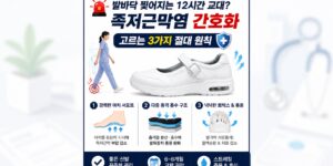 교대 근무자의 발바닥 통증을 막아주는 족저근막염 간호화 필수 고르는 법 3가지 (아치 서포트, 충격 흡수, 넉넉한 토박스) 심플 인포그래픽⁠
