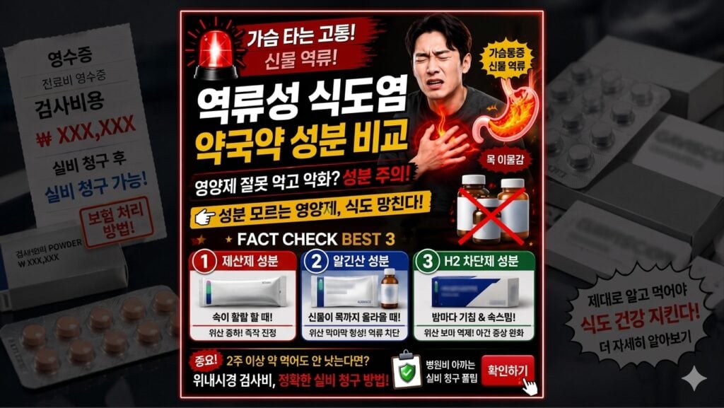 역류성 식도염 약국약 종류인 겔포스 개비스콘 파모티딘 효과 비교 및 카베진 부작용 경고 안내 이미지