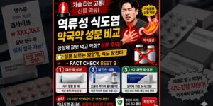 역류성 식도염 약국약 종류인 겔포스 개비스콘 파모티딘 효과 비교 및 카베진 부작용 경고 안내 이미지