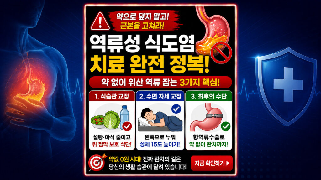 약에 의존하지 않는 근본적인 역류성식도염치료 및 완치 가이드. 위산 역류를 막는 식습관, 기능성 베개 수면 자세, 내과 항역류수술 비교