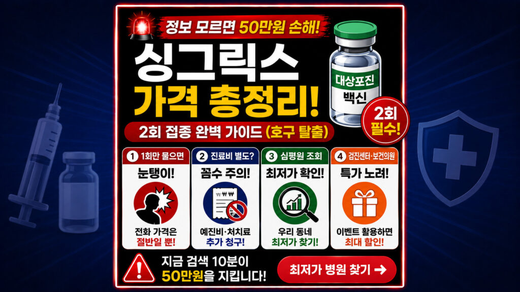 싱그릭스 가격 싼 곳 비교 및 대상포진 백신 2회 접종 비용 심평원 최저가 병원 조회 건강검진센터 특가 안내 가이드 표⁠