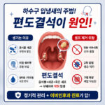 하수구 입냄새의 주범인 편도결석의 3가지 생성 원인(음식물 찌꺼기, 비염 후비루, 구창호흡)과 면봉을 이용한 위험한 셀프 목똥 제거의 부작용(상처 출혈, 2차 감염, 재발 악순환)을 분석하고 이비인후과 진료를 권장하는 인포그래픽 썸네일⁠