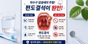 하수구 입냄새의 주범인 편도결석의 3가지 생성 원인(음식물 찌꺼기, 비염 후비루, 구창호흡)과 면봉을 이용한 위험한 셀프 목똥 제거의 부작용(상처 출혈, 2차 감염, 재발 악순환)을 분석하고 이비인후과 진료를 권장하는 인포그래픽 썸네일⁠