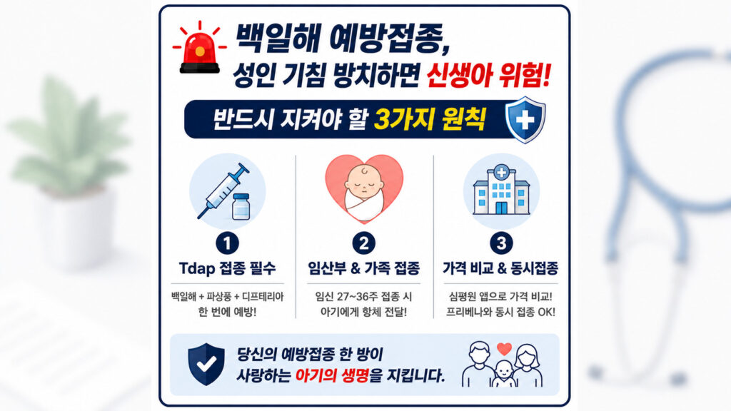 성인 기침 방치 시 신생아 전염을 막기 위한 백일해 예방접종 3가지 원칙 (Tdap 접종 필수, 임산부 및 가족 접종, 가격 비교 및 프리베나 동시 접종) 안내 인포그래픽⁠