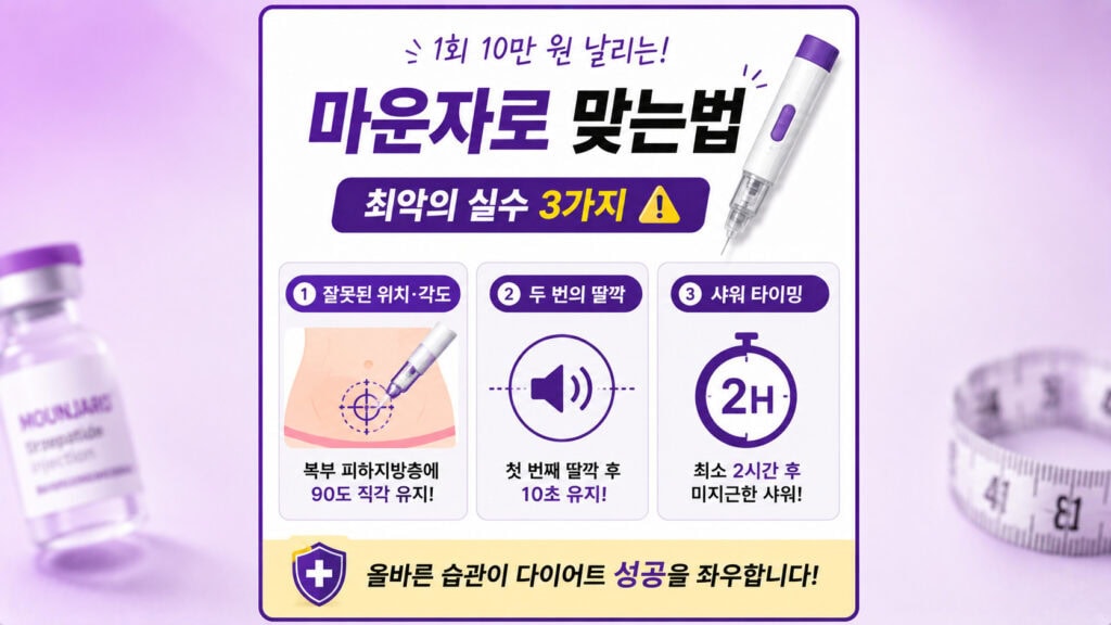마운자로 맞는법 실수 3가지 복부 주사 및 샤워 타이밍 인포그래픽