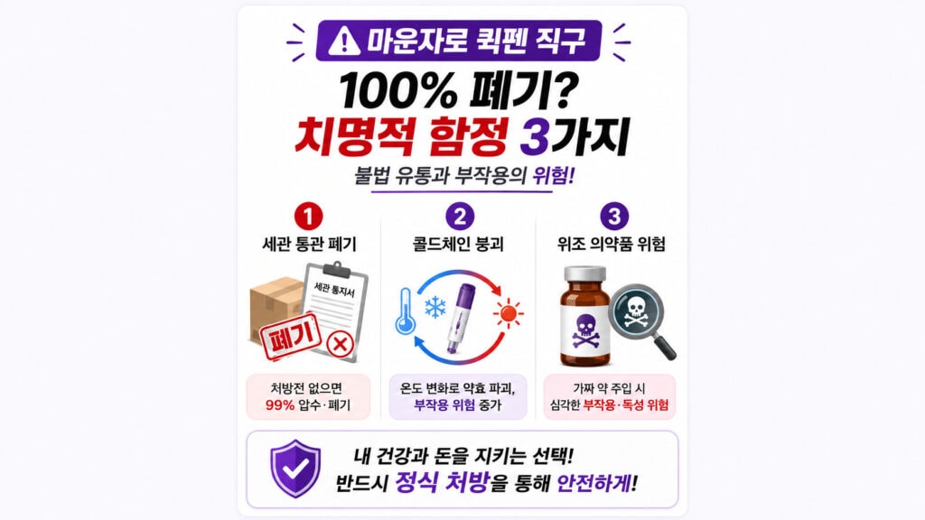 마운자로 퀵펜 직구 세관 통관 폐기 및 콜드체인 부작용 함정 3가지 비교 인포그래픽