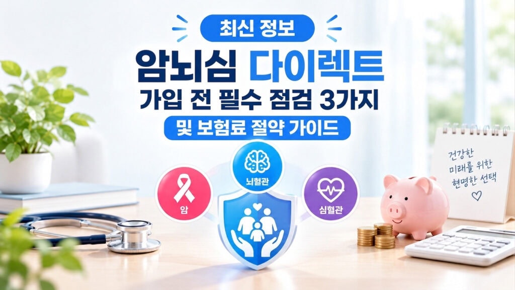 암뇌심 다이렉트 가입 전 필수 점검 3가지 및 보험료 절약 가이드를 설명하는 청진기와 돼지저금통, 3대 질환 보장 아이콘 인포그래픽