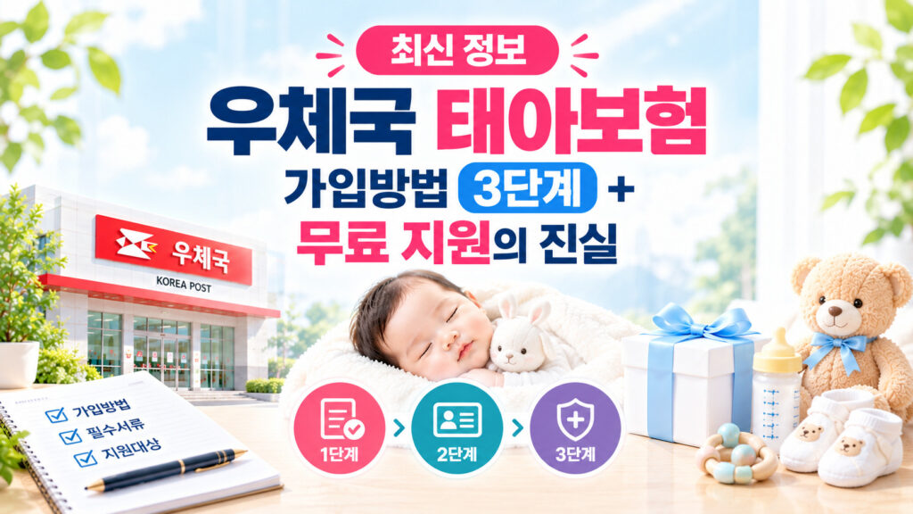최신 우체국 태아보험 가입방법 3단계 및 지자체 무료 지원의 진실을 설명하는 우체국 건물과 신생아 인포그래픽⁠