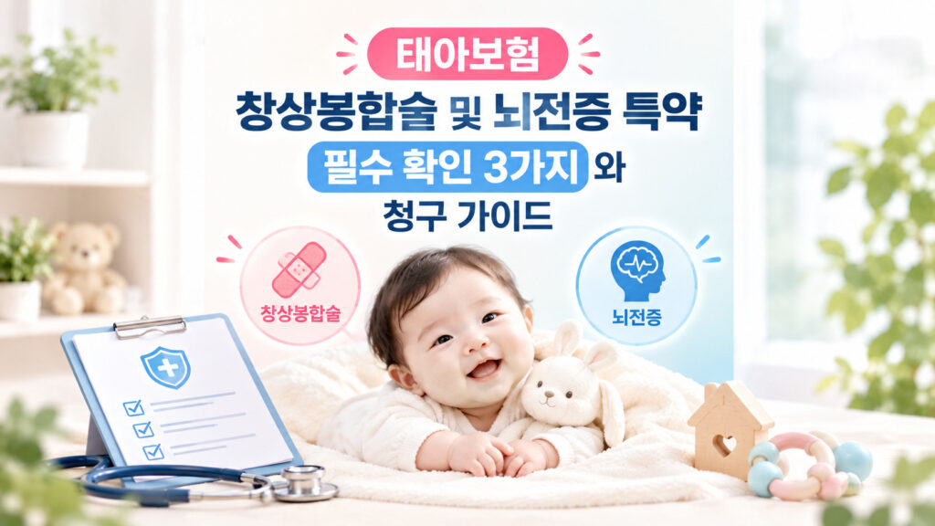 태아보험 창상봉합술 및 뇌전증 특약 필수 확인 3가지와 청구 가이드를 설명하는 아기 사진과 진단서 인포그래픽