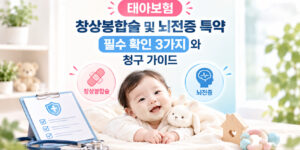 태아보험 창상봉합술 및 뇌전증 특약 필수 확인 3가지와 청구 가이드를 설명하는 아기 사진과 진단서 인포그래픽