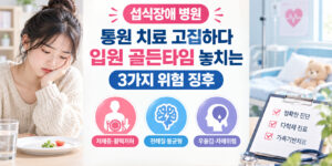 섭식장애 병원 입원 골든타임을 놓치는 3가지 위험 징후를 설명하는 음식을 거부하는 소녀와 다학제 진료 차트 인포그래픽