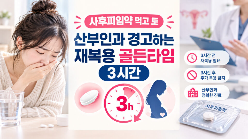 사후피임약 먹고 토했을 때 산부인과에서 경고하는 재복용 골든타임 3시간을 설명하는 구역질하는 여성과 시간 체크리스트 인포그래픽