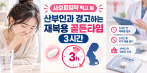 사후피임약 먹고 토했을 때 산부인과에서 경고하는 재복용 골든타임 3시간을 설명하는 구역질하는 여성과 시간 체크리스트 인포그래픽